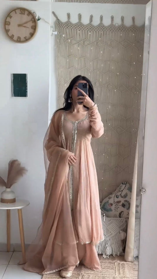 Mesmerizing Embroidery Work Peach Color Top Palazzo With Dupatta