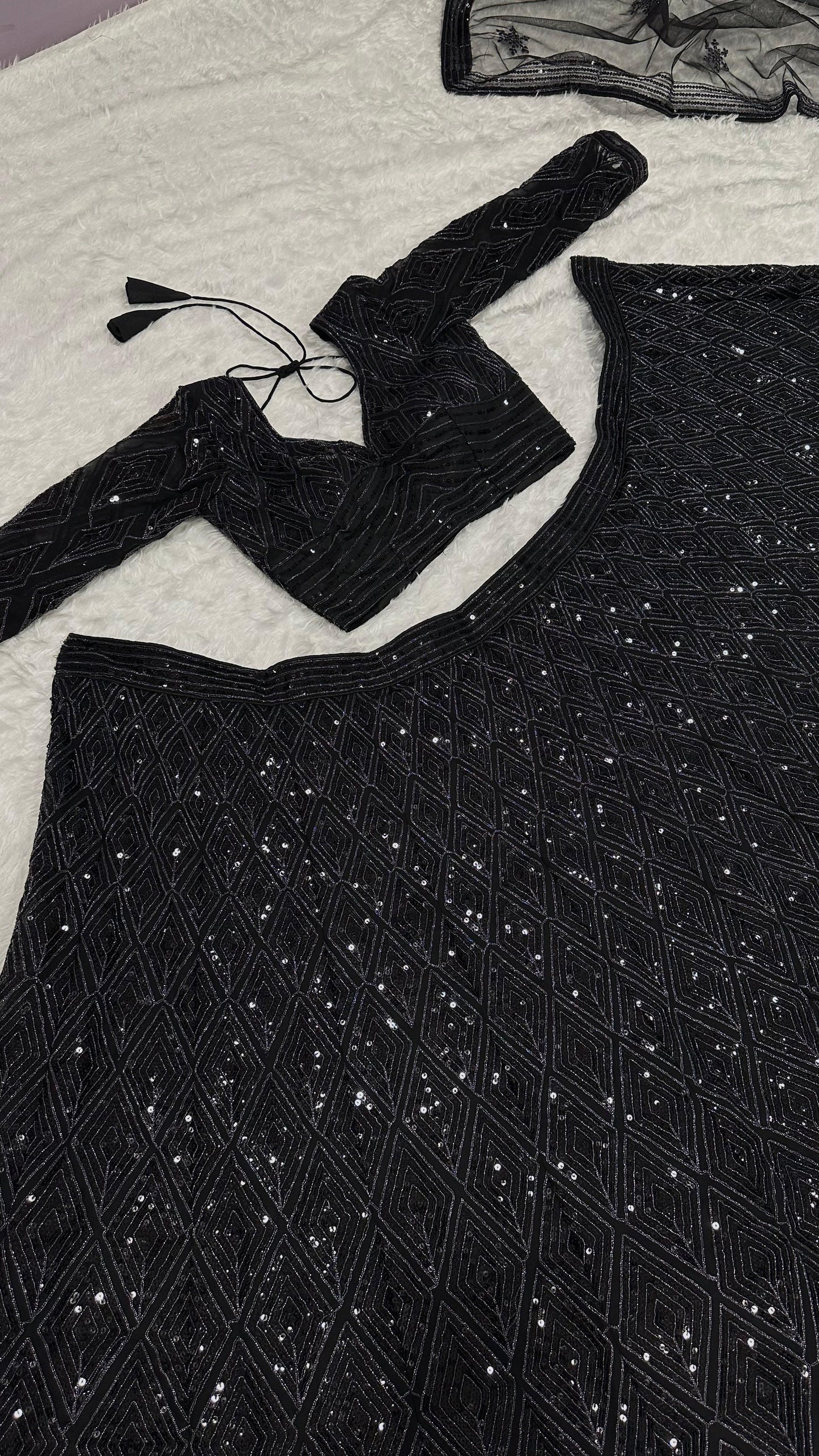 Look  Designer Sequins And Dori Work Black Color Lehenga Choli