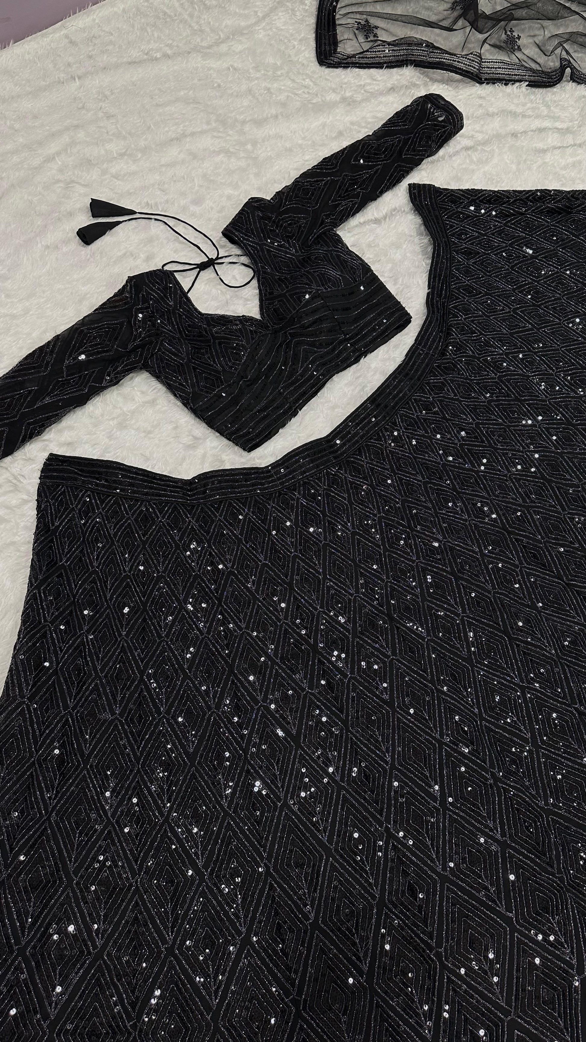 Look  Designer Sequins And Dori Work Black Color Lehenga Choli