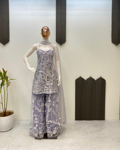 Shining Embroidery Work Lavender Color Palazzo Suit