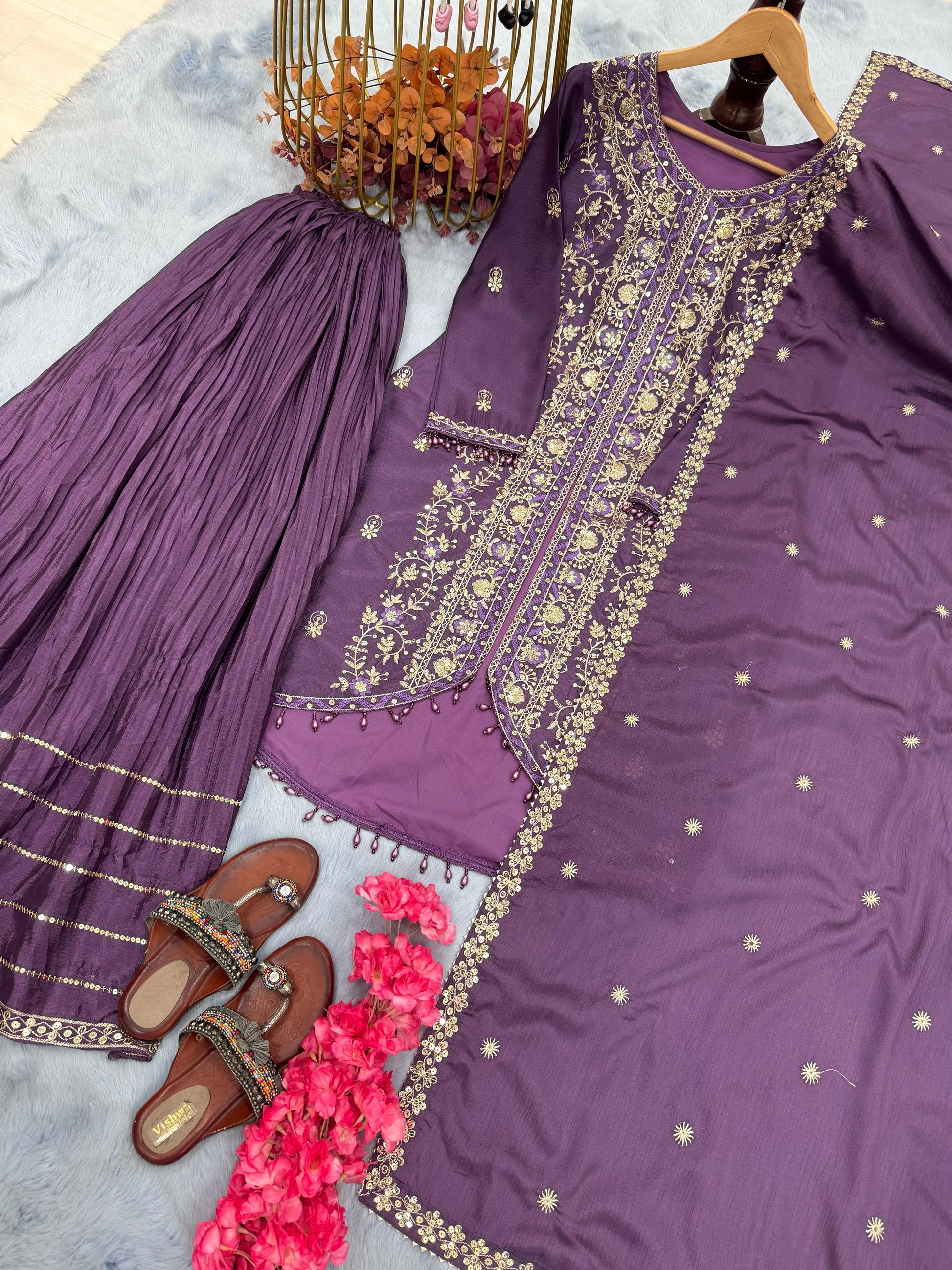 Demanding Purple Color Chinon Silk Sharara Suit