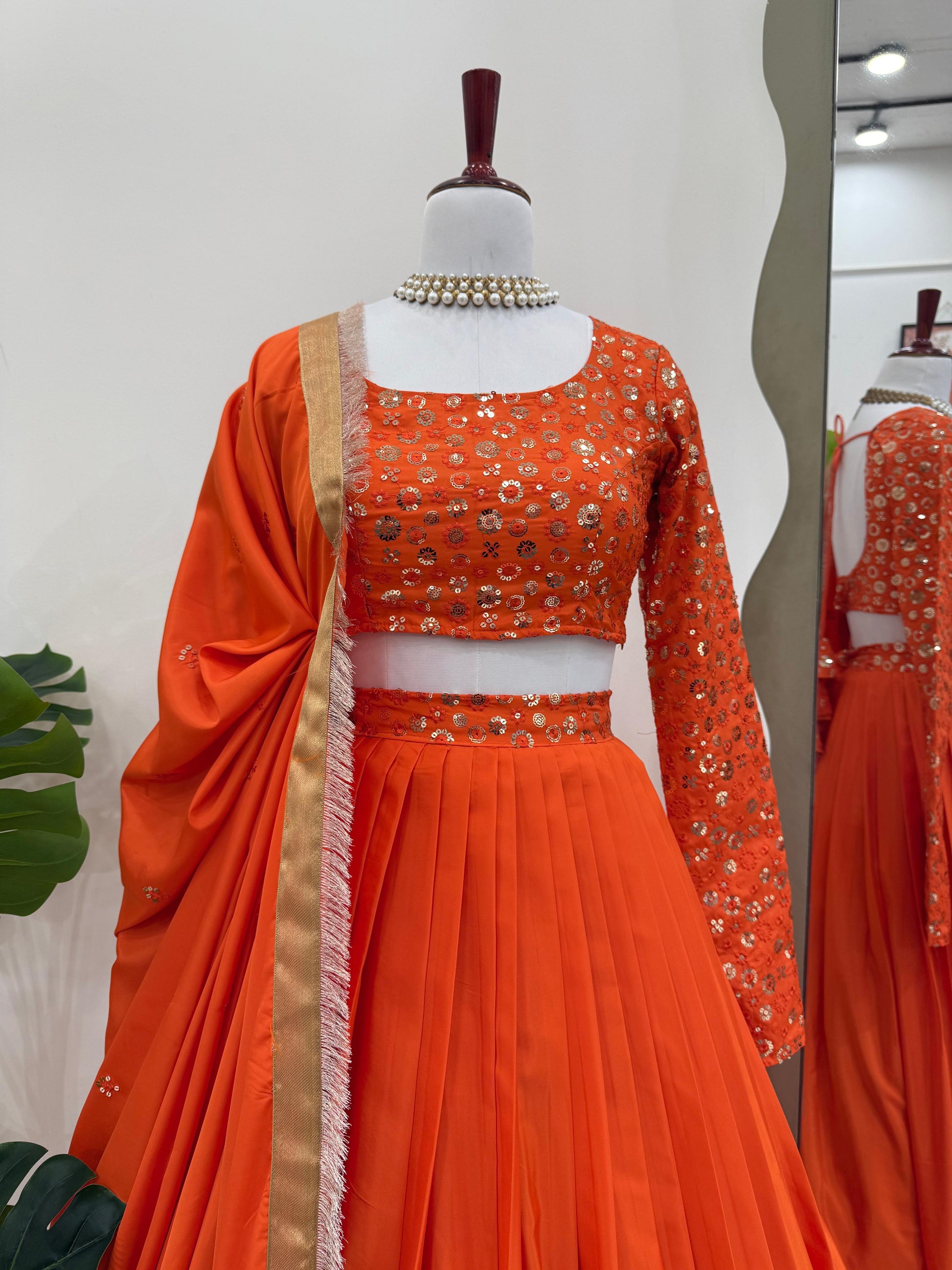 Wedding & Party Wear Sequence Work Orange Color Lehenga Choli