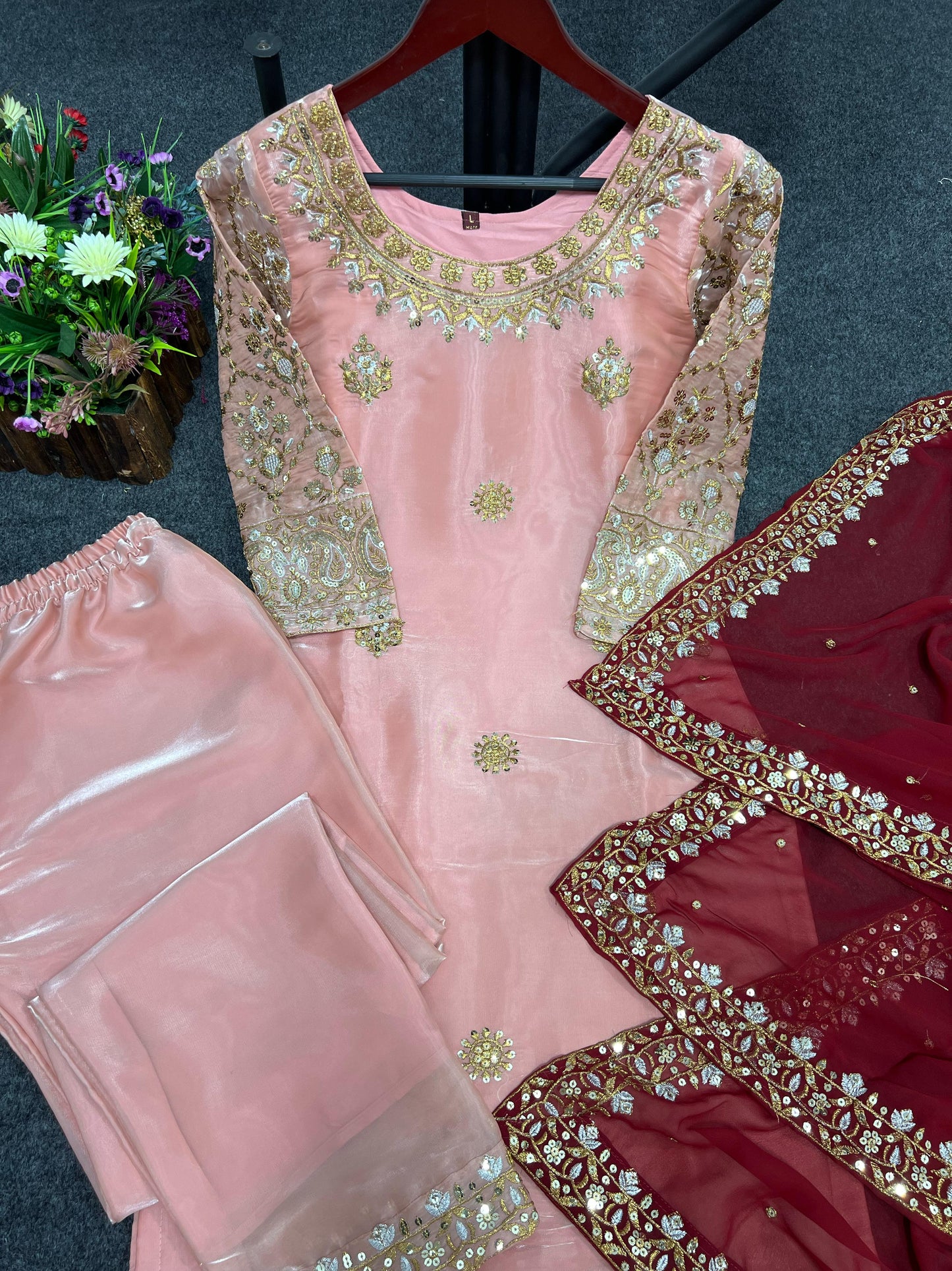 Shine Pink Color Embroidery Work Salwar Suit With Dupatta
