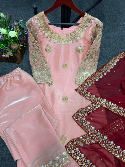 Shine Pink Color Embroidery Work Salwar Suit With Dupatta