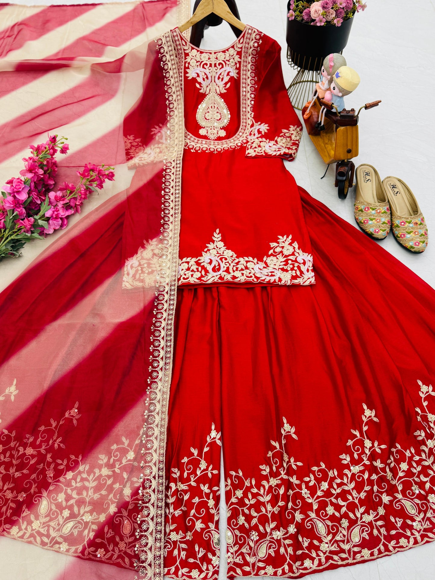 Preferable Heavy Red Color Sharara Suit