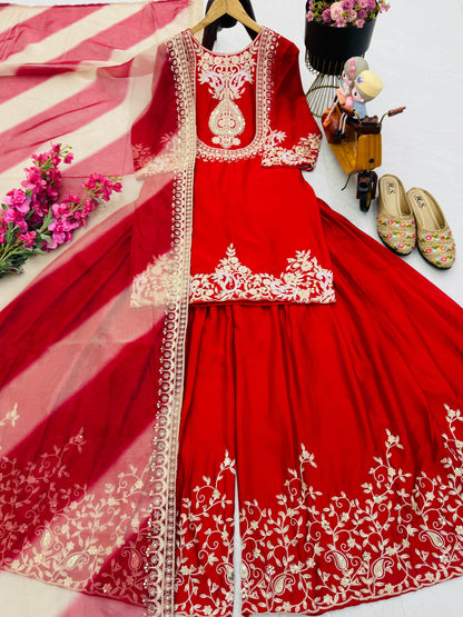 Preferable Heavy Red Color Sharara Suit