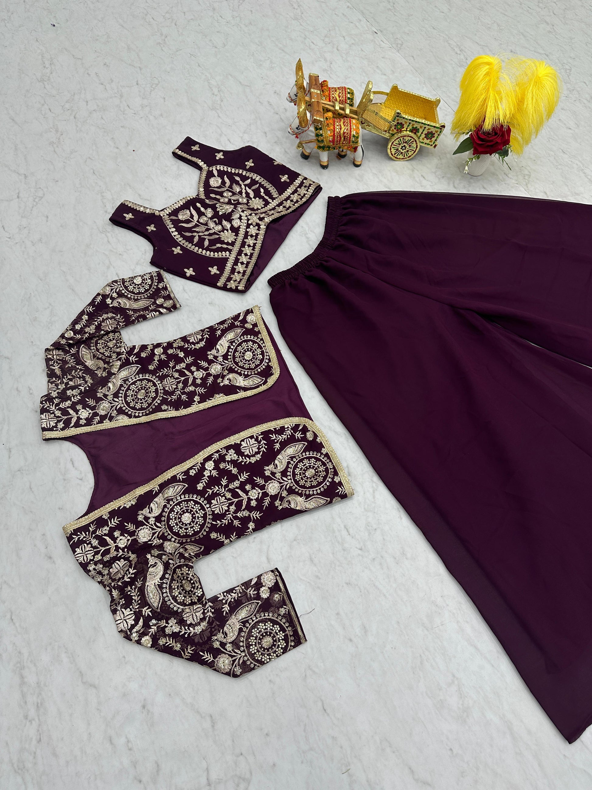 Glossy Georgette Lace Work Wine Color Palazzo Suit With Koti