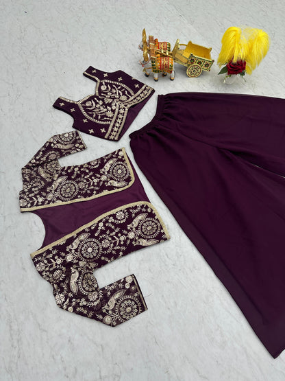 Glossy Georgette Lace Work Wine Color Palazzo Suit With Koti