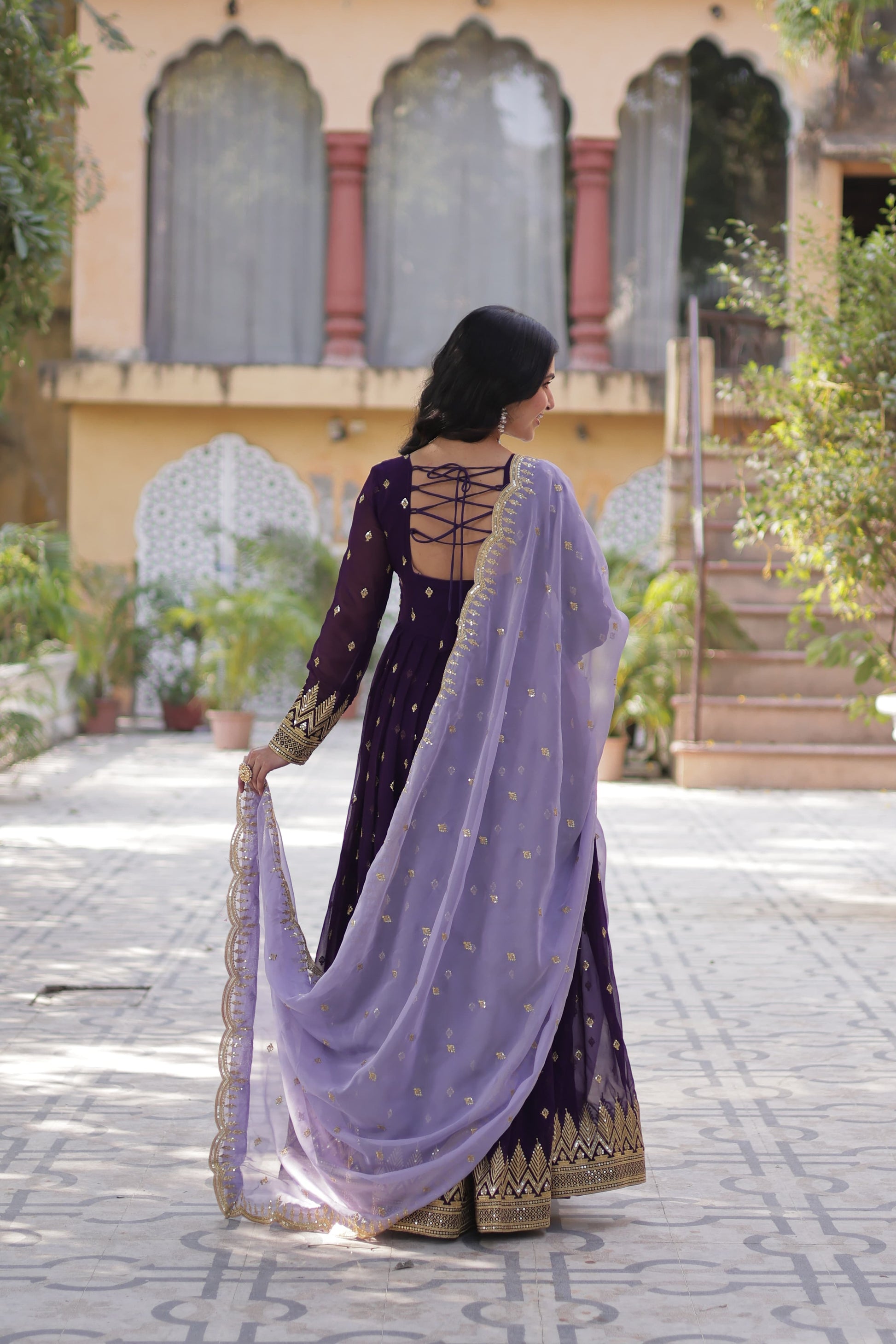 Classy Embroidery Sequence Work Purple Color Gown