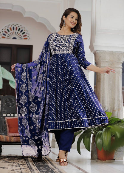 Charming Reyon With Foil Print Blue Color Anarkali Suit