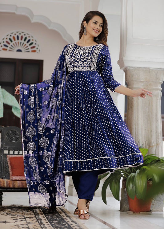 Charming Reyon With Foil Print Blue Color Anarkali Suit