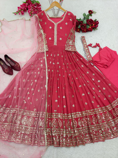 Imposing Pink Color Georgette Embroidery Work Gown