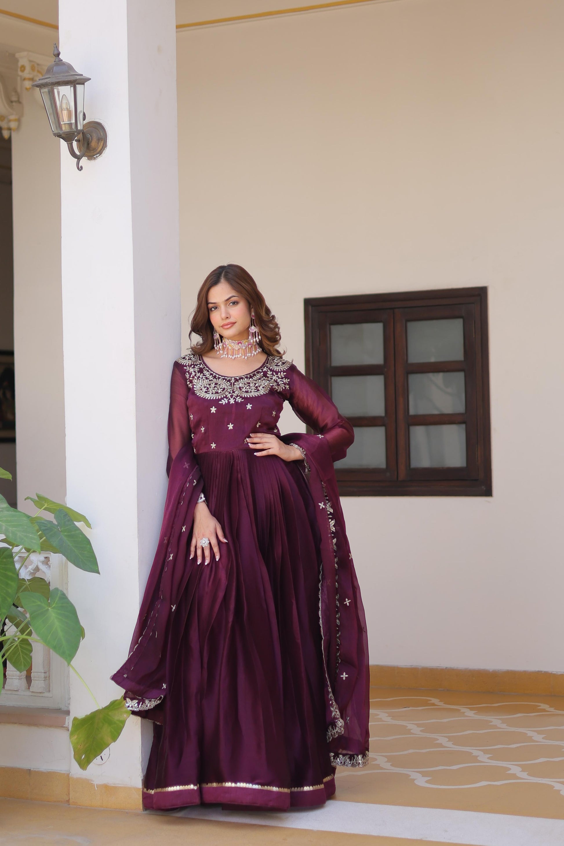 Festive Wear Burberry Silk Wine Color Gown