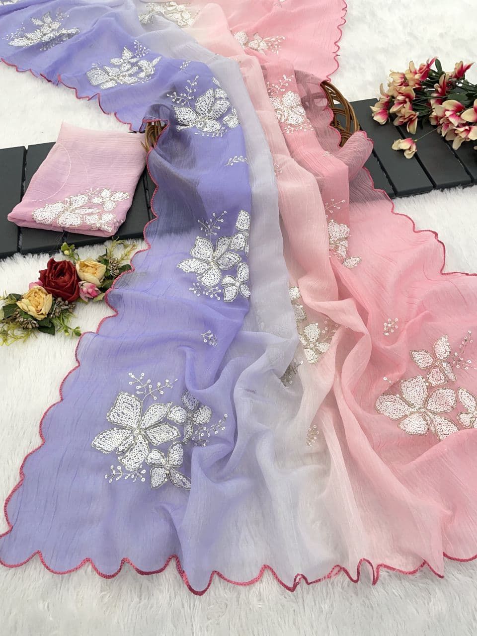 Awesome Embroidery Work Purple & Pink Multi Color Saree