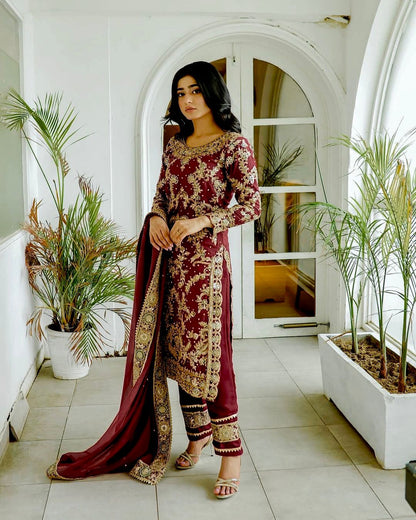 Graceful Chinnon Silk Maroon Color Palazzo Suit