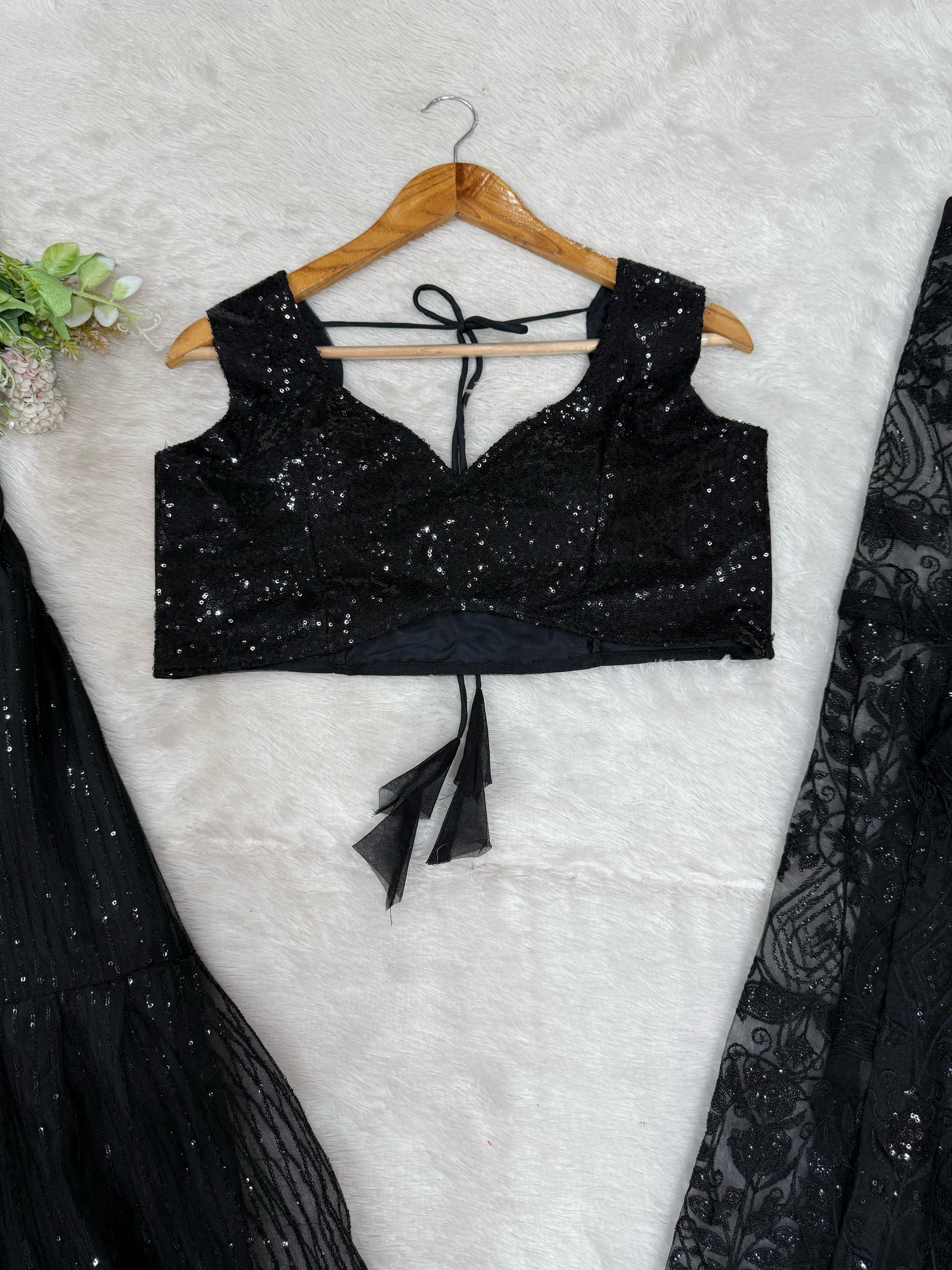 Designer Butterfly Net Black Color Palazzo Choli With Shrug