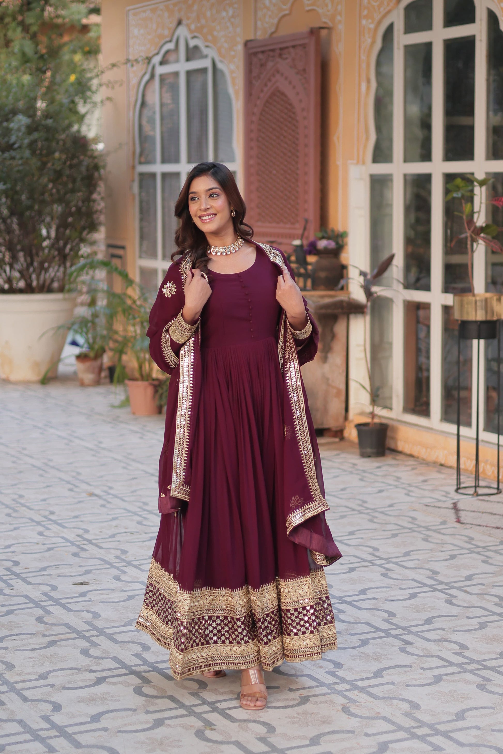 Good Looking Sequins Work Maroon Color Gown