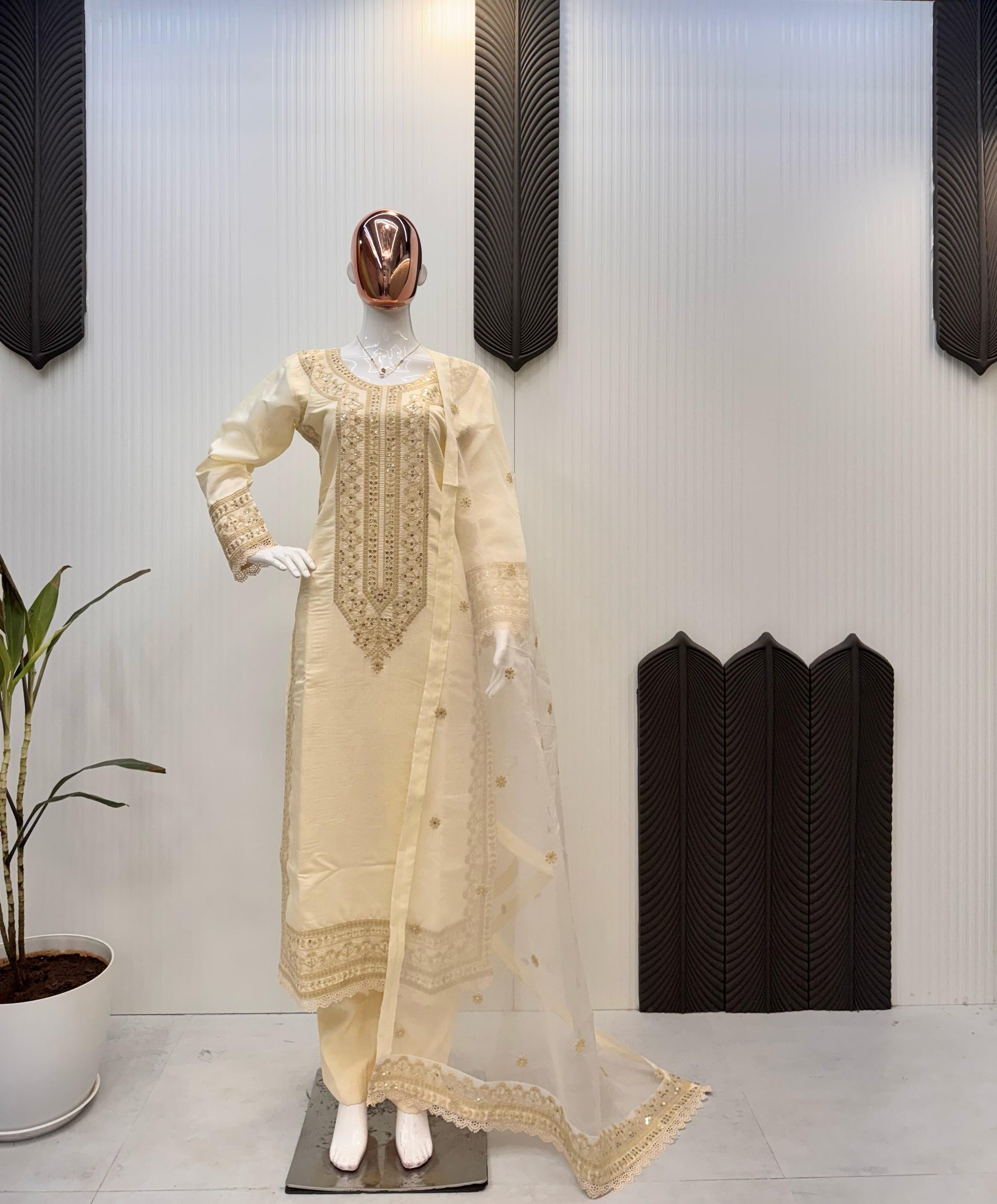 Alluring ROMAN SILK Cream Color Salwar Suit