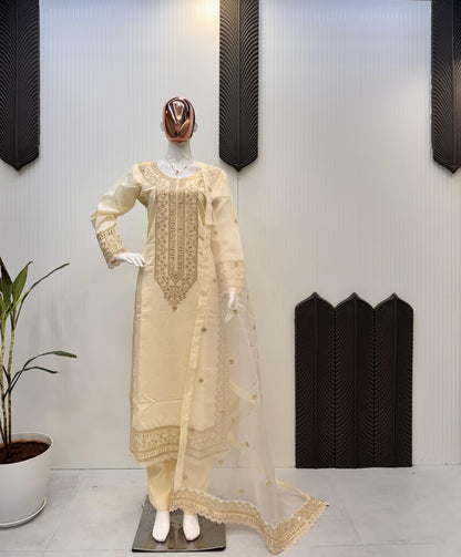 Alluring ROMAN SILK Cream Color Salwar Suit