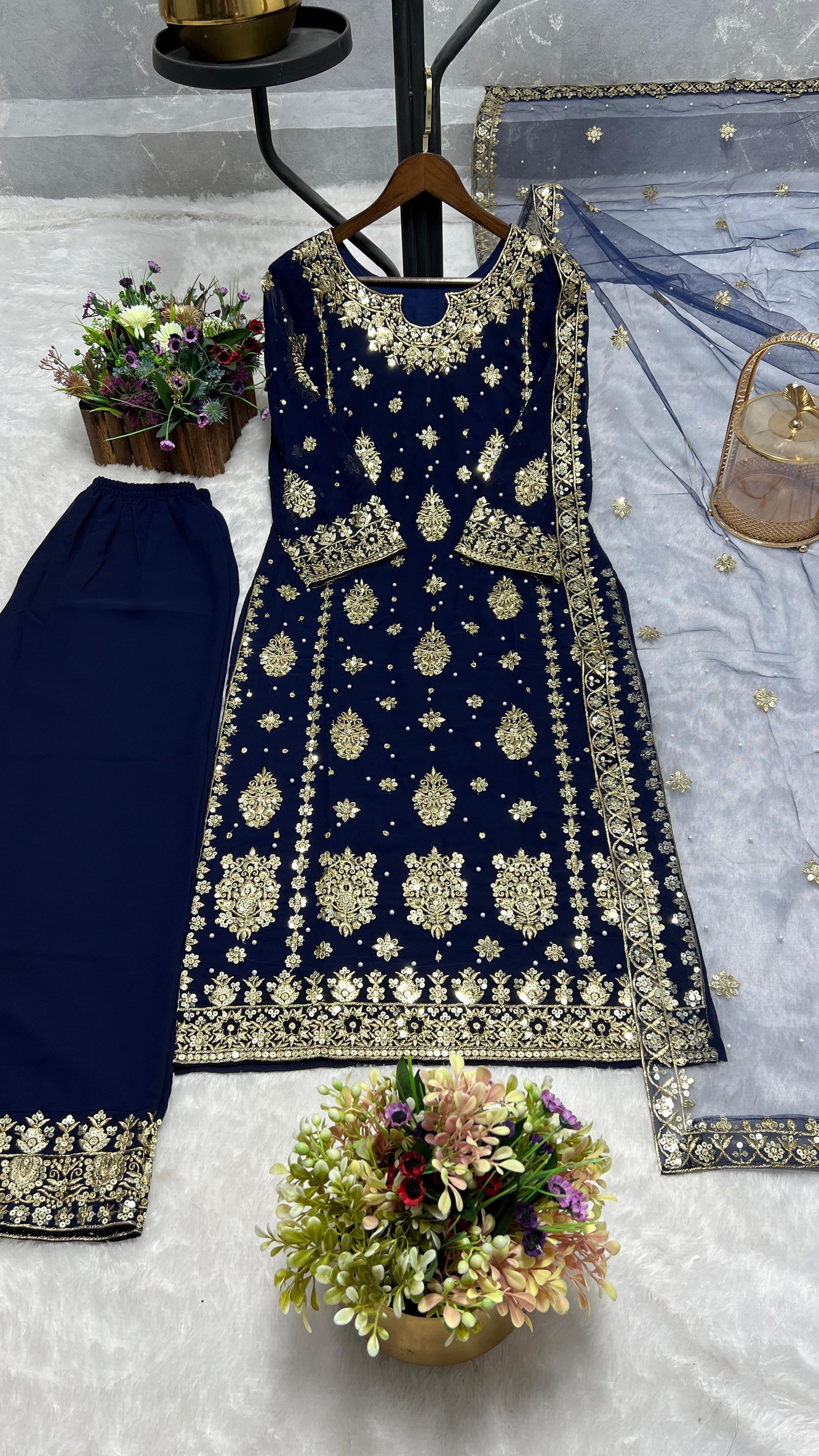 Good Looking Embroidery Work Navy Blue Color Palazzo Suit