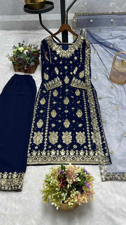 Good Looking Embroidery Work Navy Blue Color Palazzo Suit