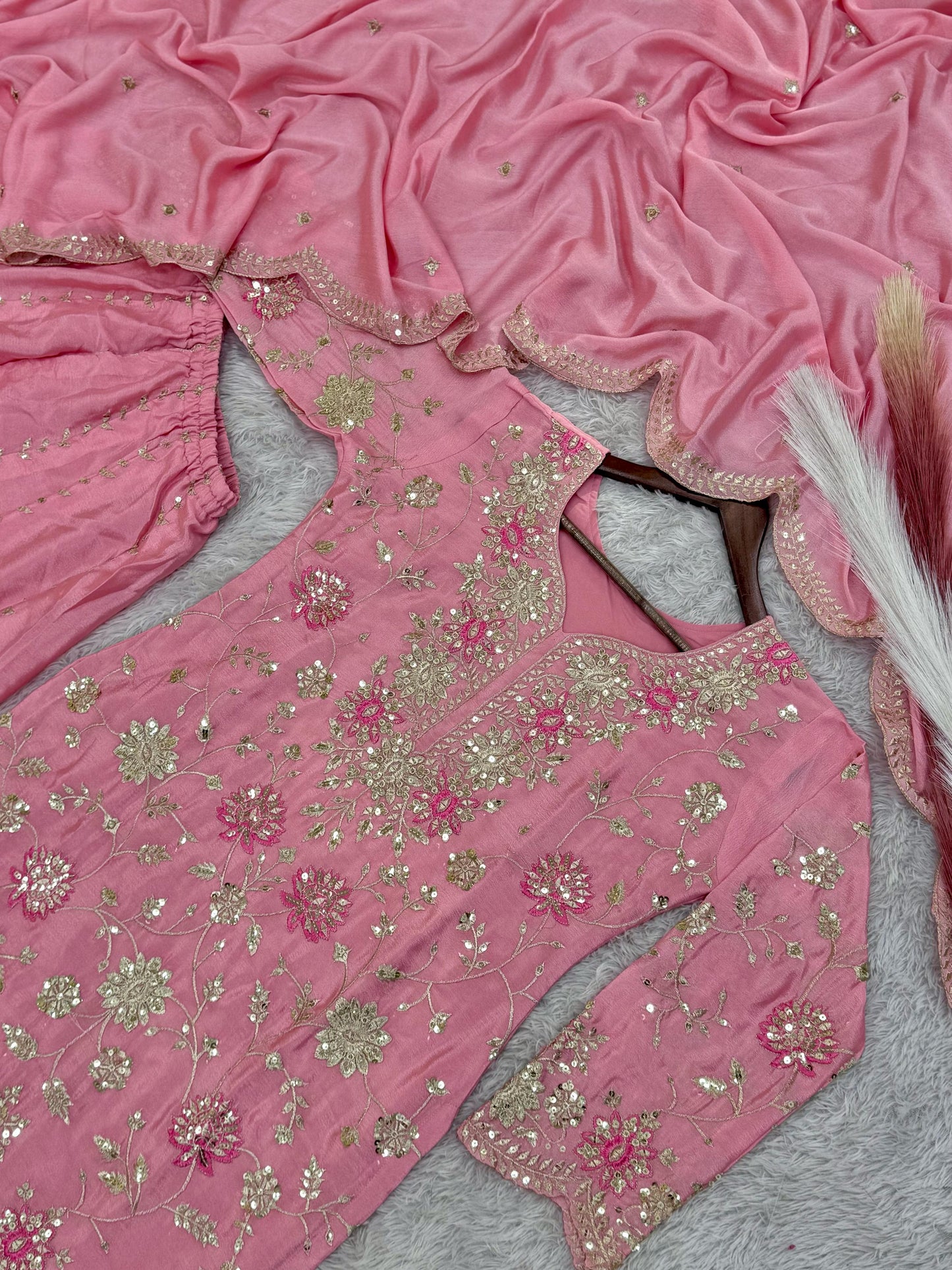 Outstanding Sequence And Thread Work Pink Color Sharara Suit
