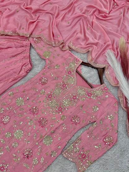 Outstanding Sequence And Thread Work Pink Color Sharara Suit