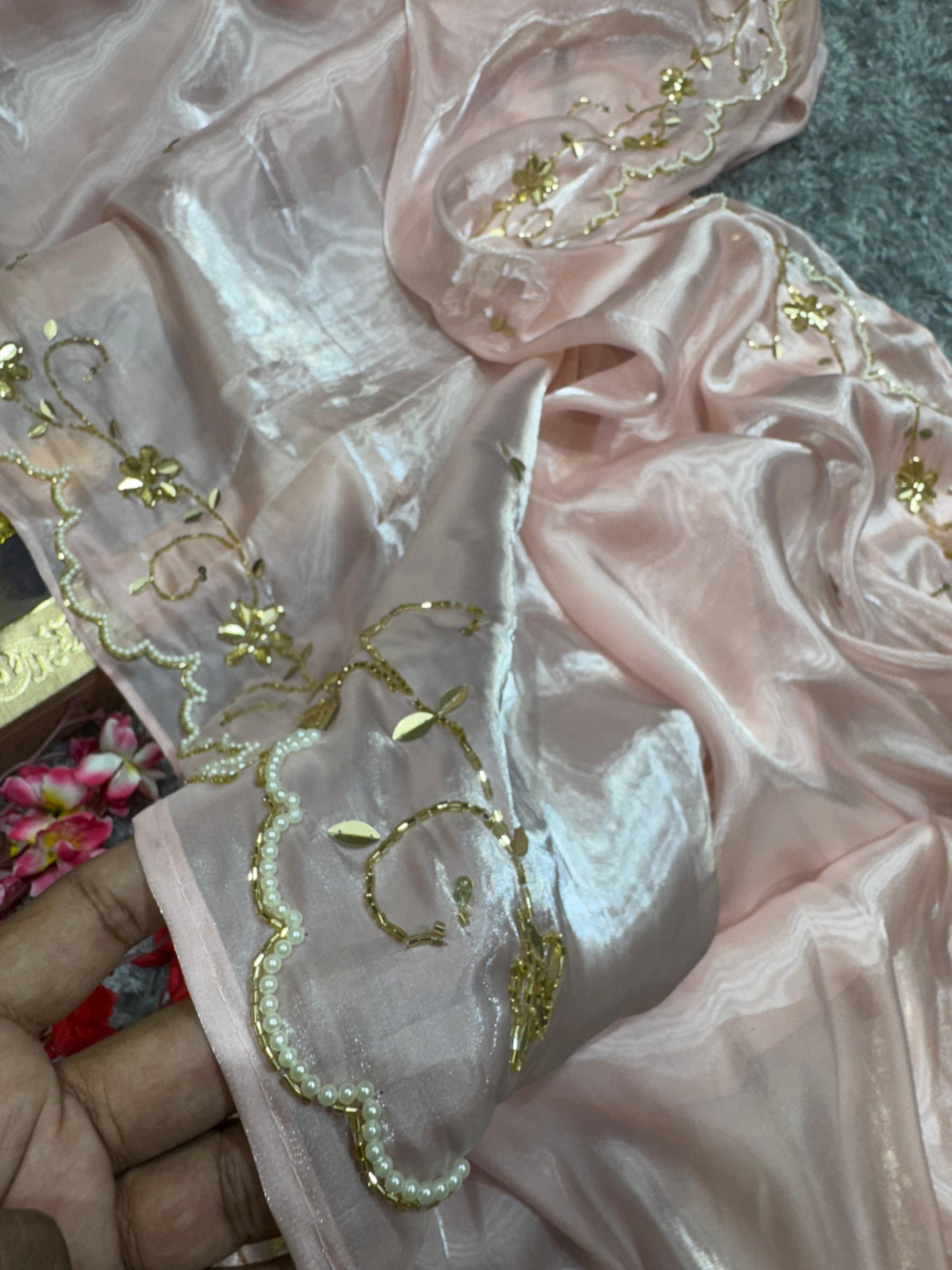 Presenting Jimmi Choo Peach Color Handwork Saree