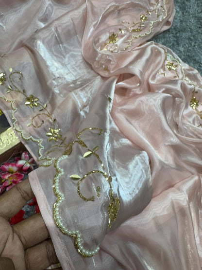 Presenting Jimmi Choo Peach Color Handwork Saree