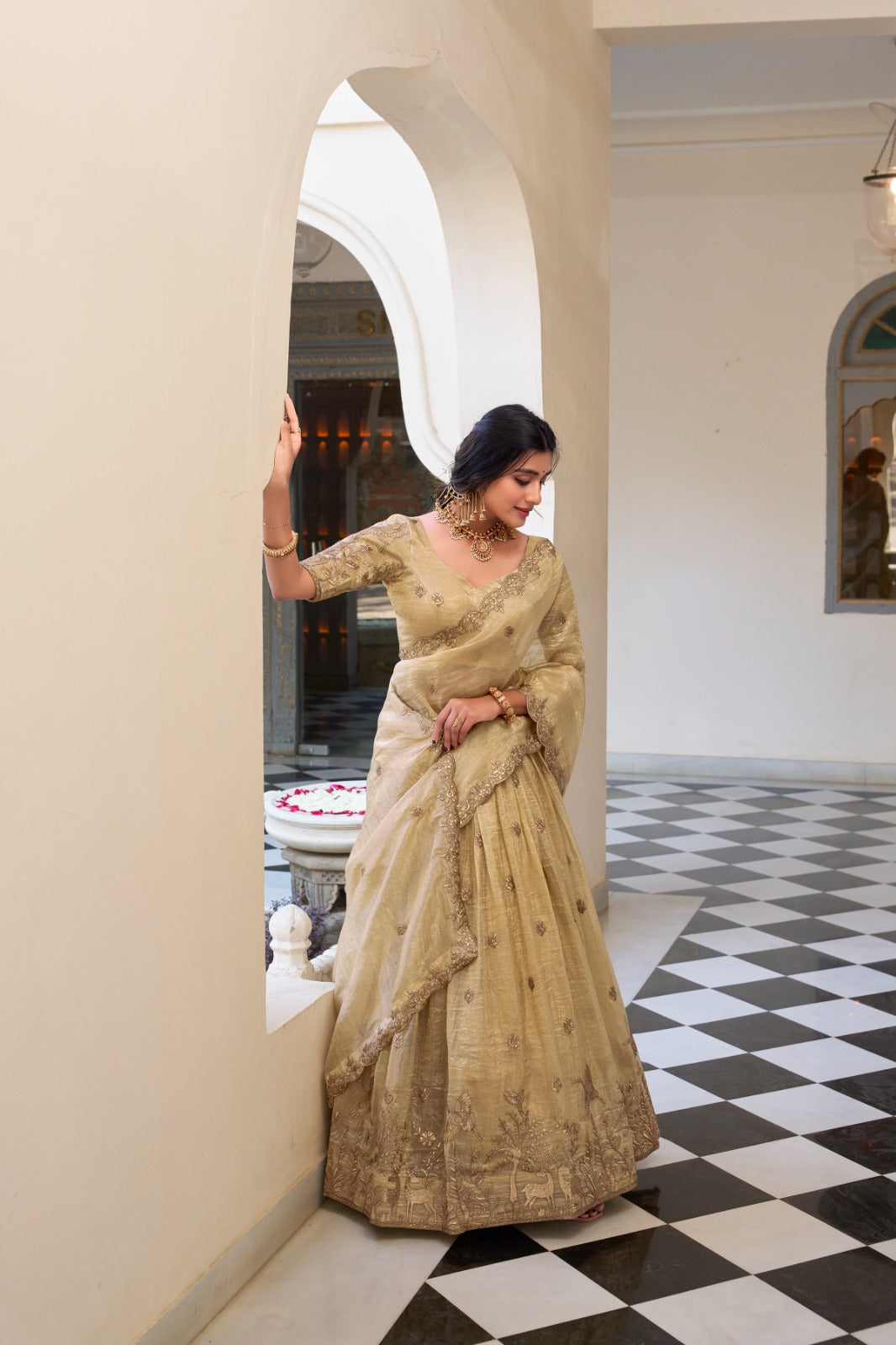 Imposing Gold Crush Beige Color Lehenga