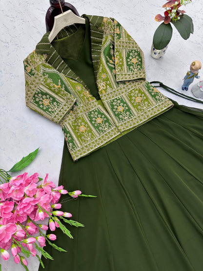 Graceful Mono Silk Green Color Lehenga Choli With Koti
