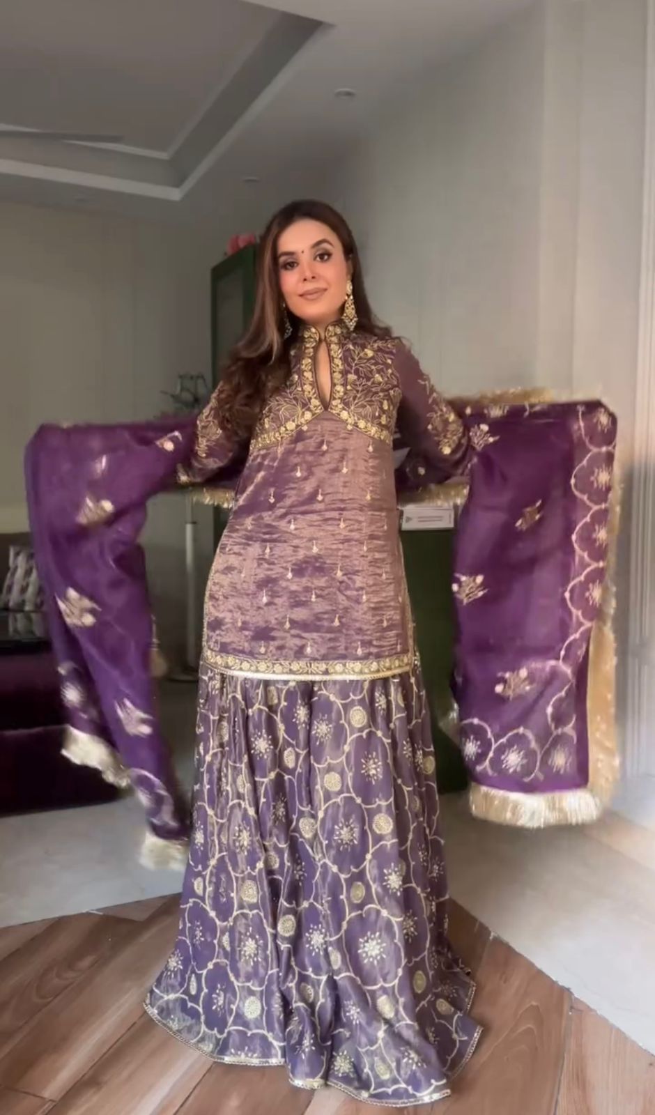 Exotic Gold Net Embroidery Work Onion Color Sharara Suit
