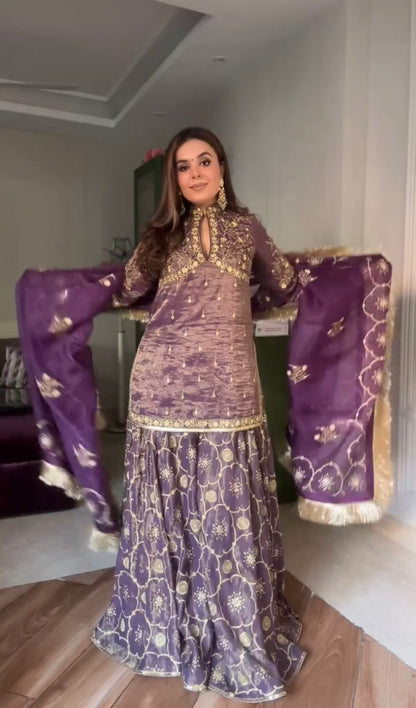 Exotic Gold Net Embroidery Work Onion Color Sharara Suit