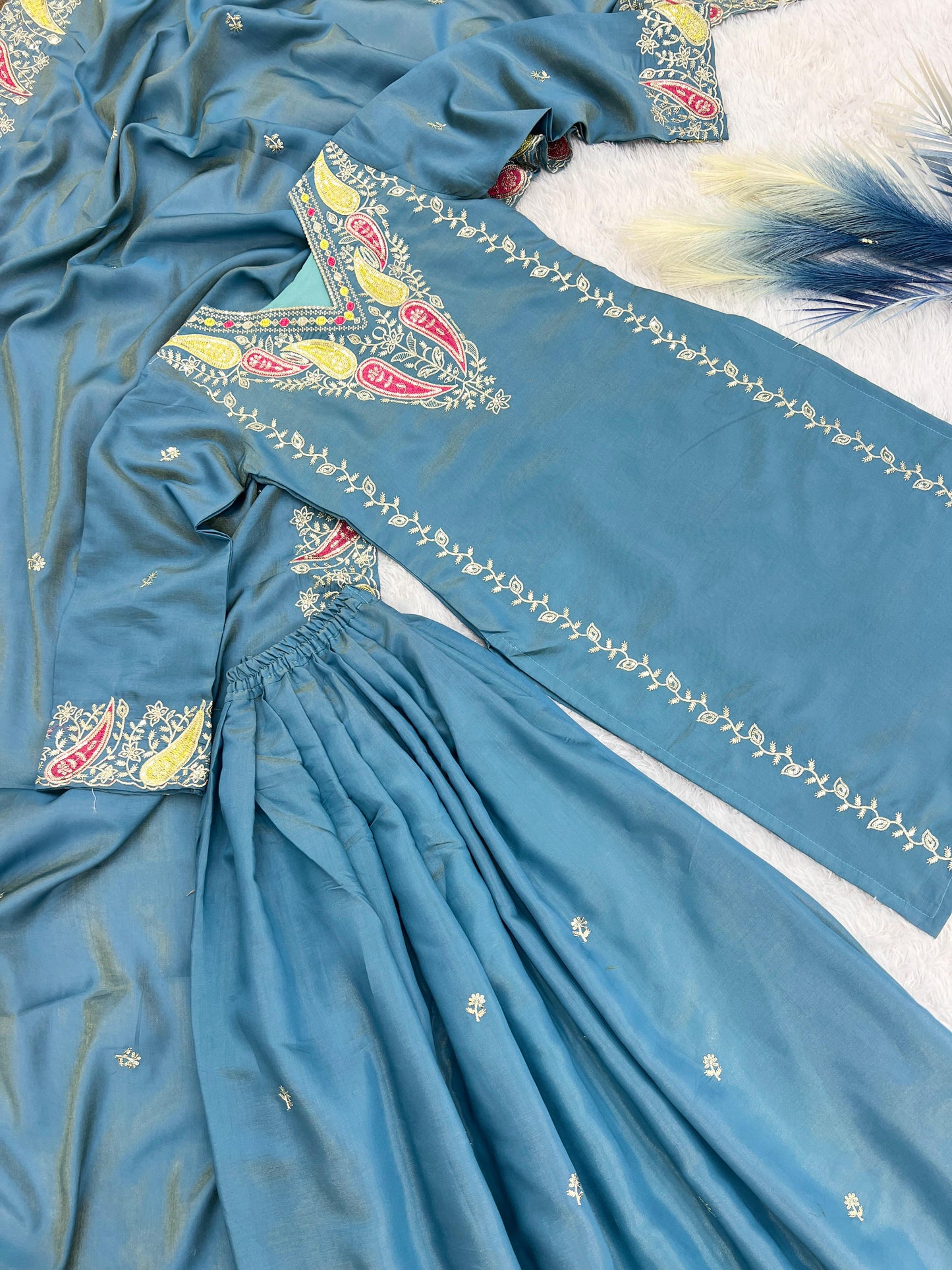 Imposing Roman Embroidery Work Blue Color Palazzo Suit