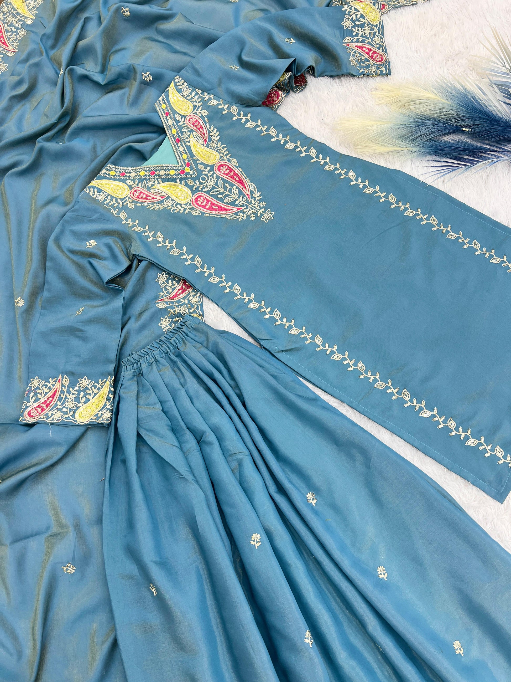 Imposing Roman Embroidery Work Blue Color Palazzo Suit