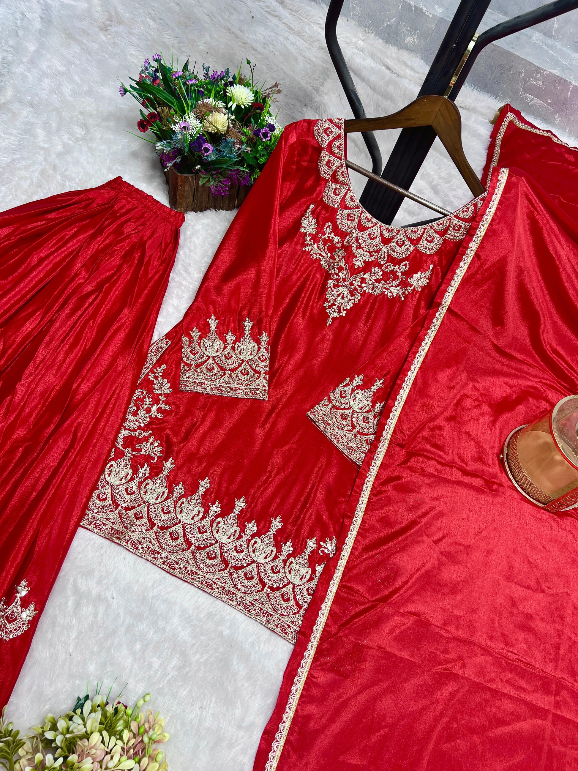 Designer Embroidery Work Red Color Palazzo Suit