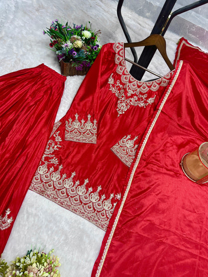Designer Embroidery Work Red Color Palazzo Suit