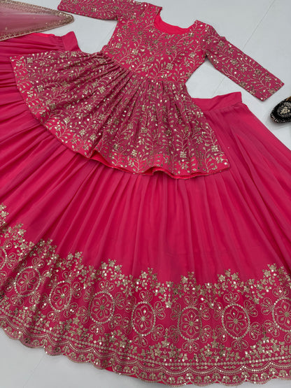 Wedding Wear Heavy Work Pink Color Top With Lehenga