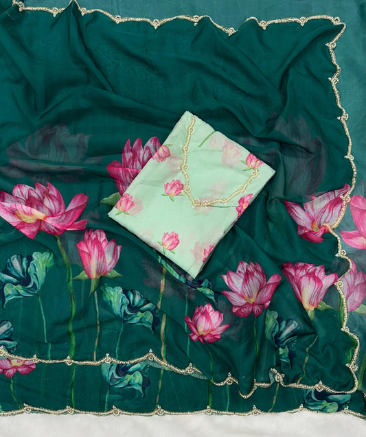 Flower Print with Work Teal Blue Color Designer Saree