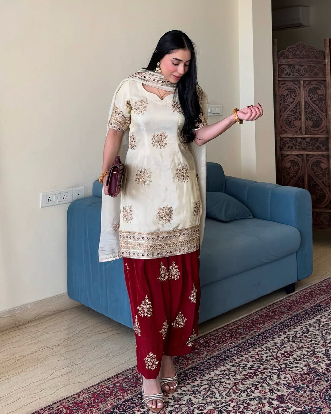 Flattering White & Red Color Chinnon Silk Palazzo Suit