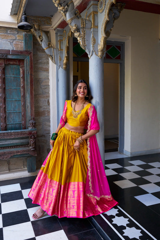 Blissful Zari Weaving Work Yellow & Pink Color Lehenga Choli