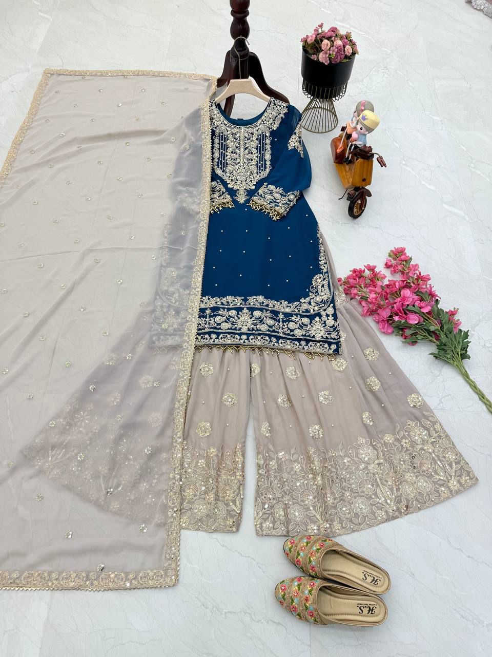 Glimmering Georgette Teal Blue Color Sharara Suit
