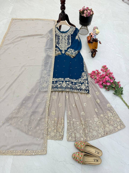 Glimmering Georgette Teal Blue Color Sharara Suit