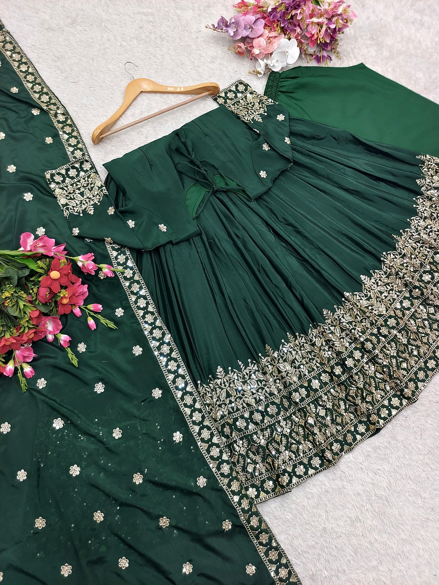 Imposing Chinon Silk Sequence Work Green Color Gown