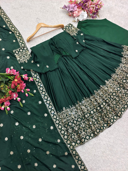Imposing Chinon Silk Sequence Work Green Color Gown