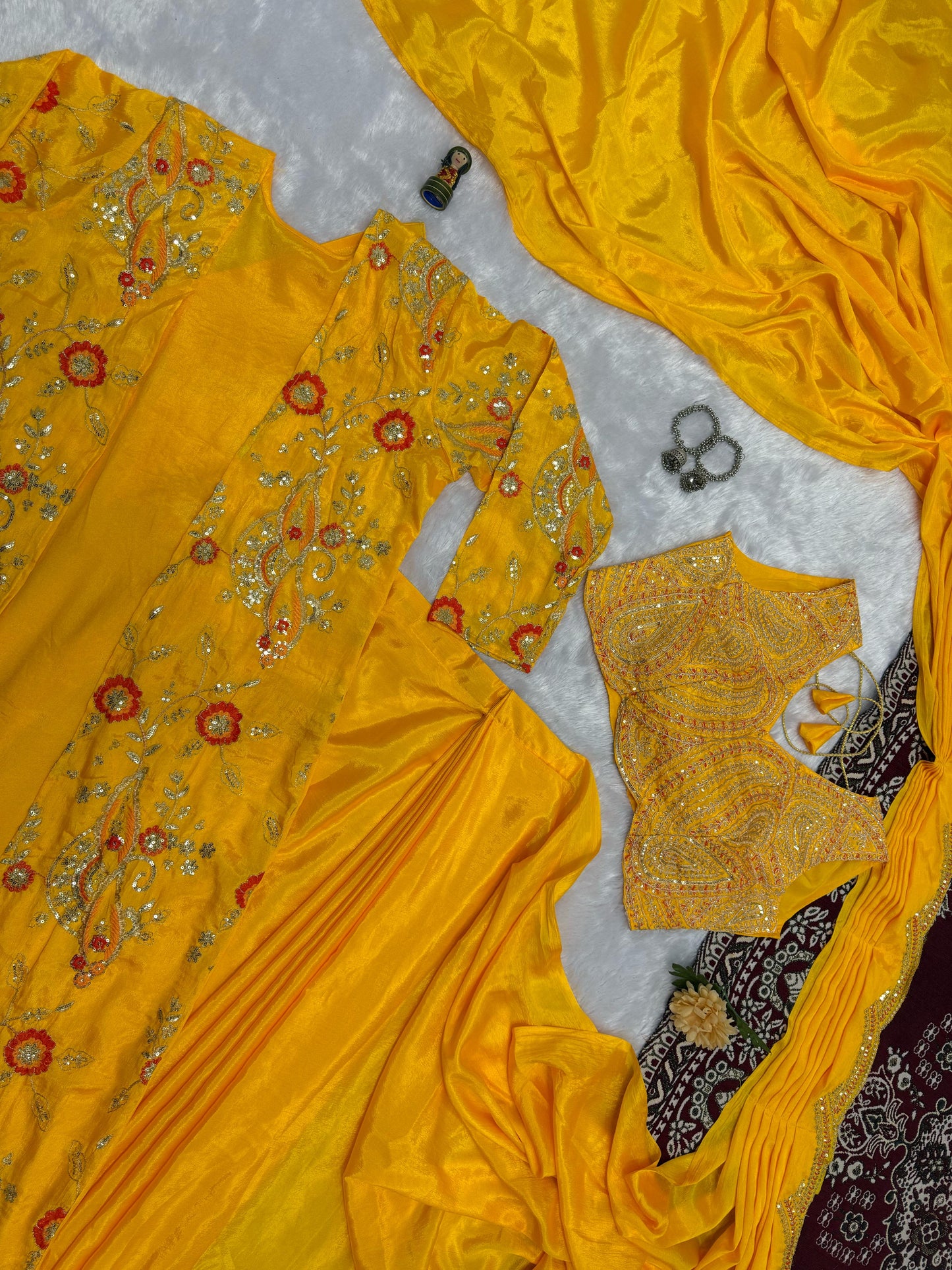 Eyes Catching Chinon Silk Yellow Color Ready To Wear Saree With Koti