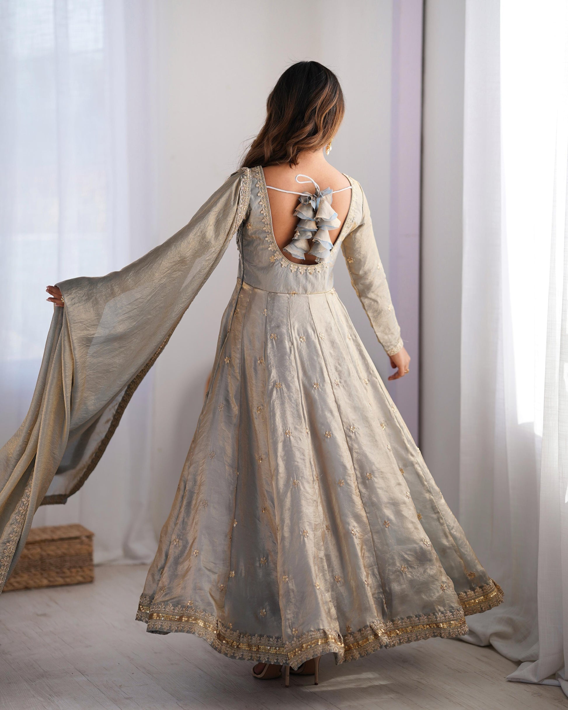 Fancy Sequence Work Grey Color Silk Gown