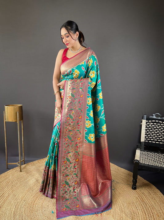 Adorable Silk Patola Weaving Teal Blue Color Saree