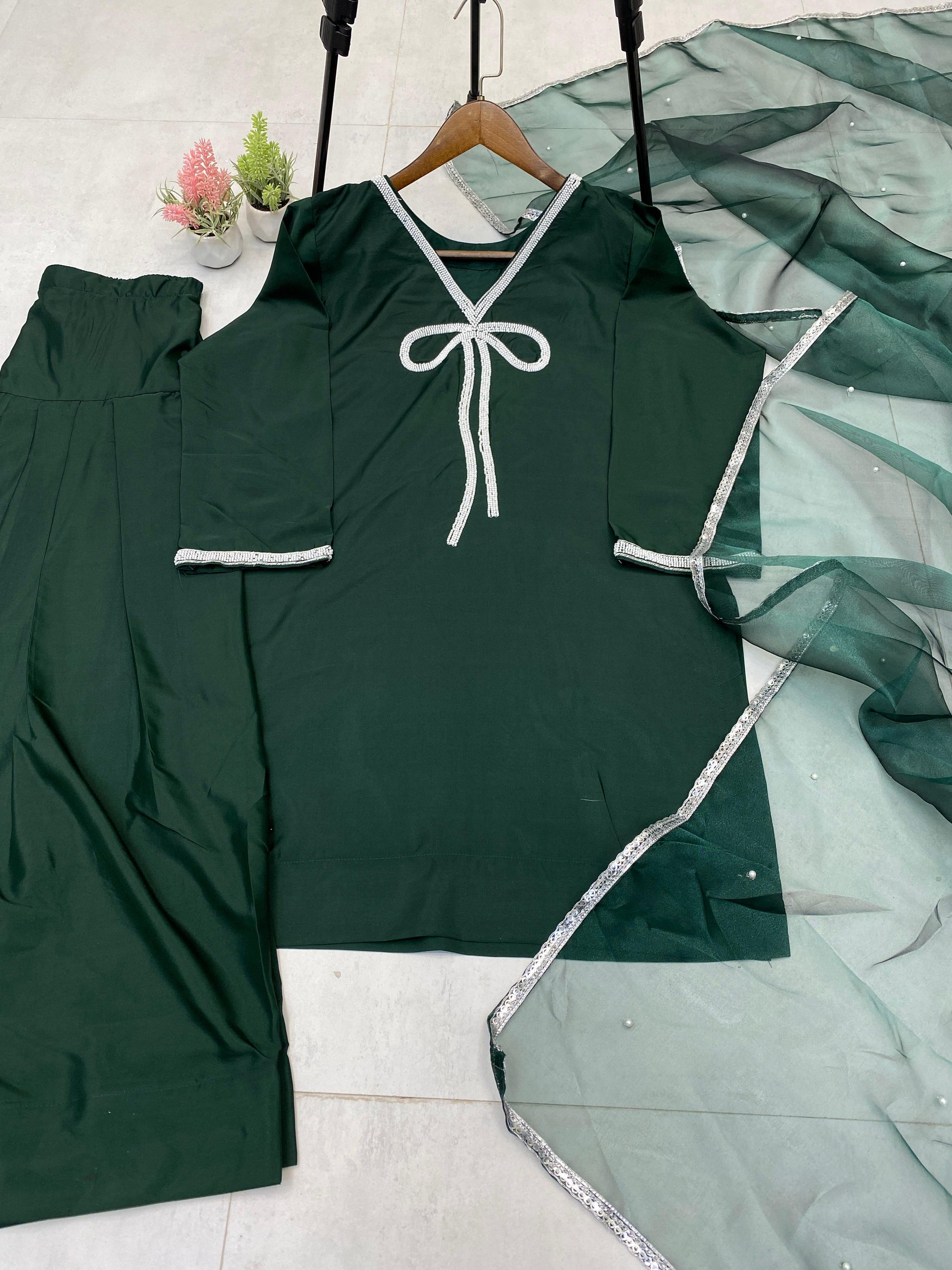 Marvelous Beads Work Green Color Salwar Suit