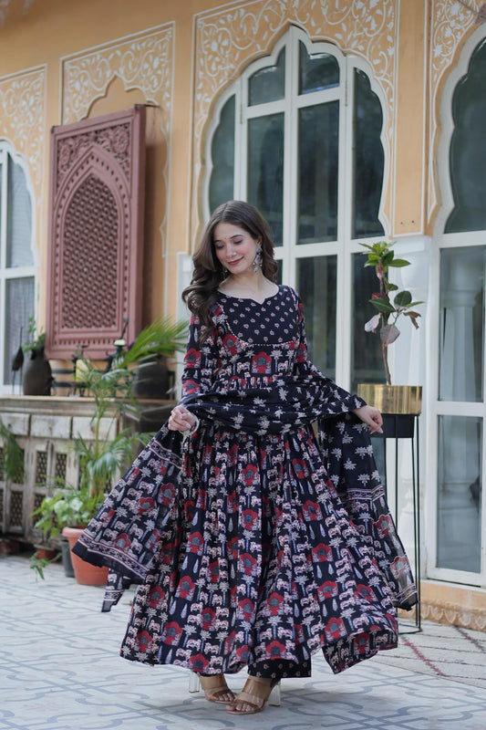 Fancy Cotton Round Neck Black Color Gown